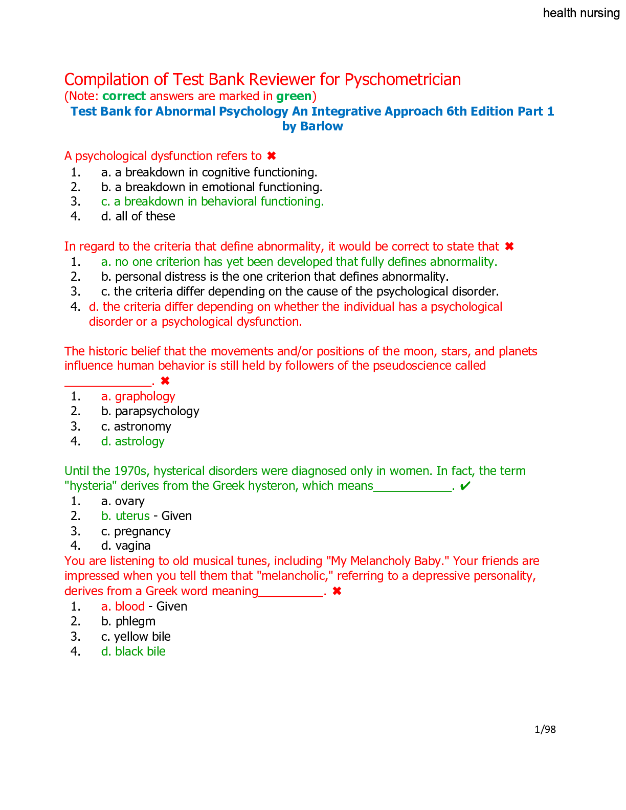 Preview image for Test Bank for Abnormal Psychology An Integrative Approach 6th Edition Part 1 by Barlow